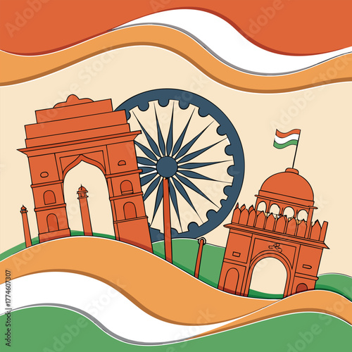 Illustration of indian landmarks like india gate and red fort with ashoka chakra on a tricolor background, representing indias culture and heritage