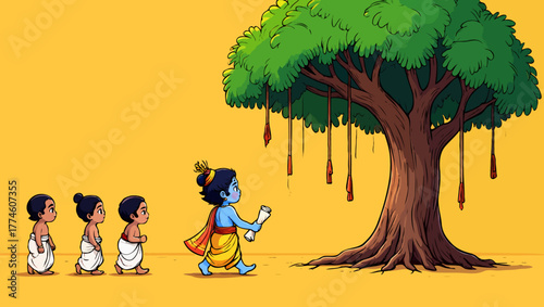 Little krishna with his friends stealing butter from tree, illustration