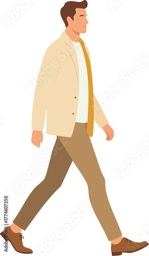 A stylish man in a tan jacket walks purposefully forward in a side view.