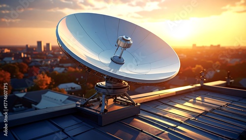 Large, reflective parabolic antenna atop a rooftop, silhouetted against a vibrant orange sunset over a city