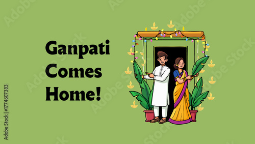 Ganpati comes home, a couple welcoming ganesha, illustration