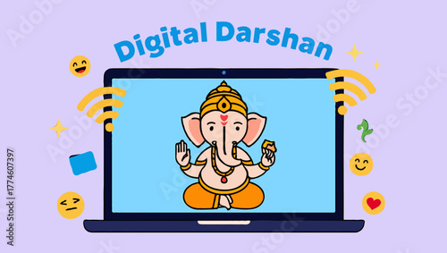 Digital darshan lord ganesha on laptop screen with emojis around it