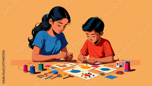 Sister and brother are doing crafts together on the table at home