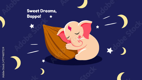Cute lord ganesha sleeping on modak with moon and stars at night