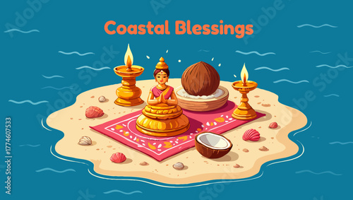 Coastal blessings with coconut, deity, and candles on a sandy island