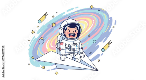 Cheerful astronaut in a white spacesuit sitting on a paper airplane with a colorful swirling background of stars and planets.