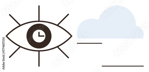 Eye with clock symbolizing vision and timing, alongside a cloud representing imagination. Ideal for time management, focus, creativity, vision, mindfulness, planning future thinking. Clean simple