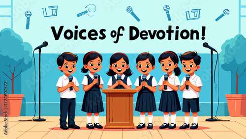 A group children singing in a school choir with microphones on stage