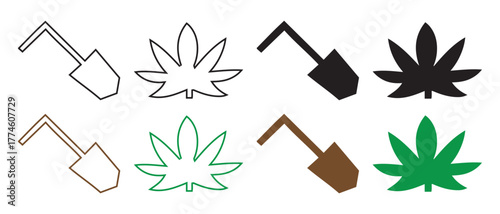 Shovel And Cannabis Leaf Icons. Stylized Gardening and Cultivation Vectors in Outline & Color.