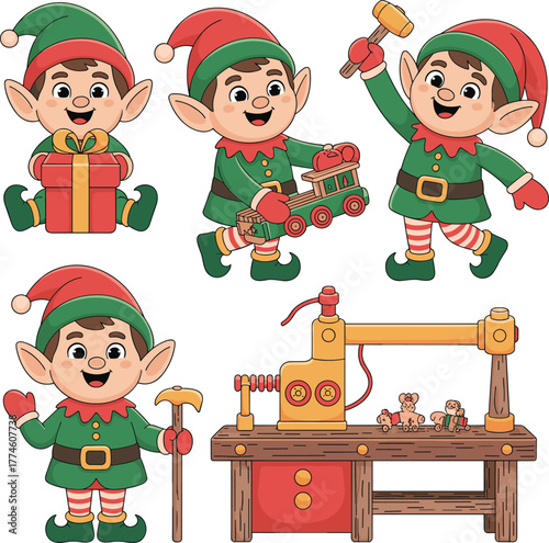 Set of Cute Cartoon Christmas Elves Making Toys in Santa's Workshop Vector Illustration