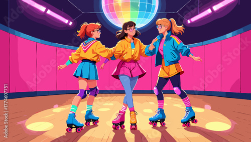 Three girls roller skating at a disco rink in retro 80s fashion style