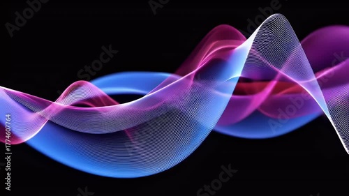 Abstract waveforms in purple and pink on black background