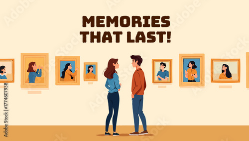 Couple admiring portraits at an gallery, remembering memories together