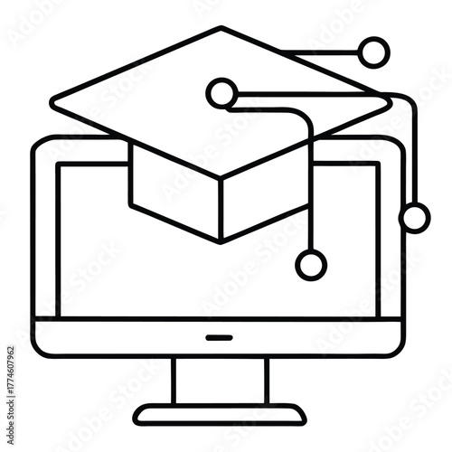 Online education and graduation concept featuring a computer monitor and graduation cap design