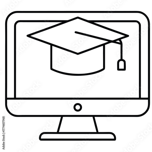 Online education concept featuring a graduation cap displayed on a computer screen for learning