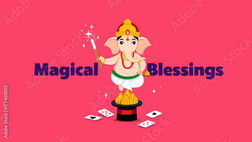 Lord ganesha standing on a hat with magical blessings on a pink background