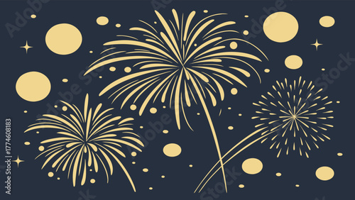 Golden fireworks illuminate the night sky, creating a festive atmosphere with bursts of light and color, perfect for celebrations and special occasions