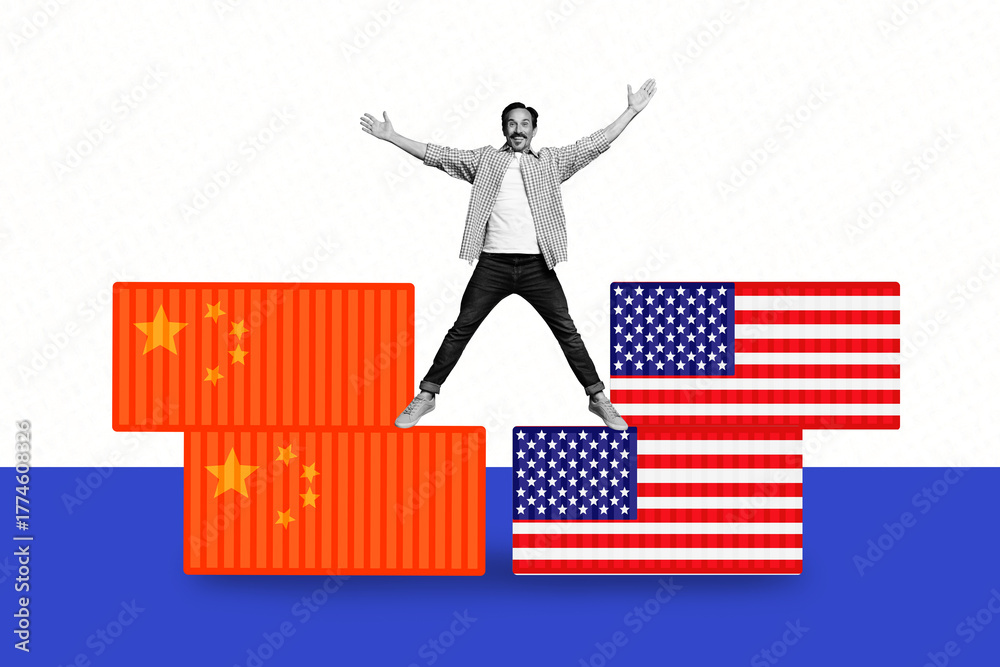 Obraz premium 3D photo collage template trend artwork sketch of young man jump flag asia china america falg trade war market earnings investment