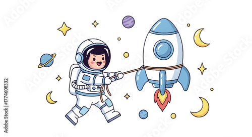 A cartoon astronaut in a white spacesuit pulling a blue and white rocket ship with a solid white background and colorful celestial objects.