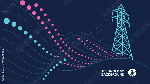 Modern technology background with electric tower and abstract lines, symbolizing energy transfer and technological advancement in a sleek, minimalist design
