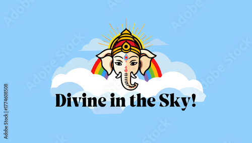 Ganesha, the hindu god, is divine in the sky with clouds and rainbow