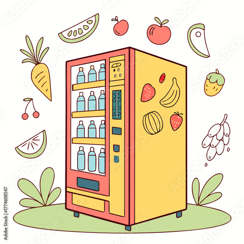 Healthy Vending Machine Illustration with Fresh Fruits and Vegetables