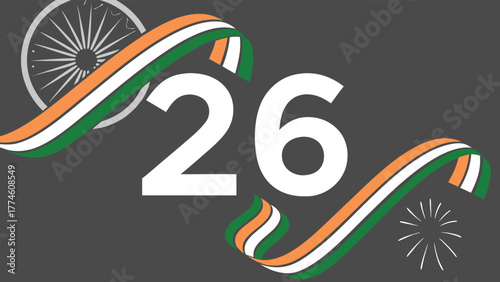 Celebrating indias 26th republic day with a tricolor ribbon design, featuring the ashoka chakra and festive fireworks on a gray backdrop, symbolizing national pride