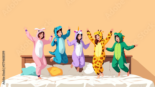 Group friends in animal pajamas jumping on bed having fun at sleepover