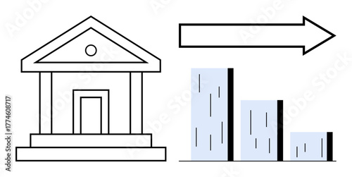 Bank structure with growth arrow pointing right and rising bar chart. Ideal for finance, banking, economy, business analysis, investment, development, success, simple flat metaphor