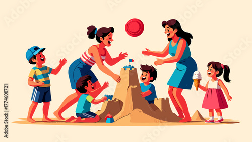 Happy family building sandcastle and playing on the beach in summer time