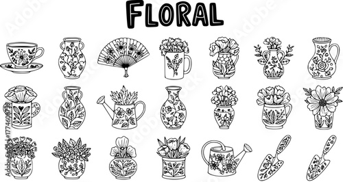Hand-drawn Floral Collection: Doodle Outline Illustrations of Vases, Mugs, Teacups, Watering Can, Fan, and Trowels with Flowers