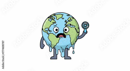 Cartoon illustration of a melting Earth character holding a thermometer with a worried expression on a plain white background.
