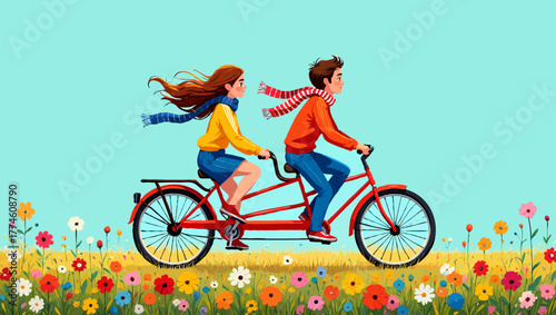 Couple riding a tandem bicycle in a field flowers on a sunny day