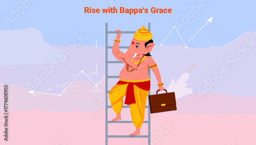 Lord ganesha climbing ladder with briefcase for success and prosperity