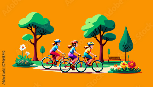 Group friends cycling in park with trees and flowers illustration