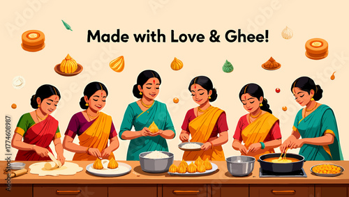 Indian women preparing traditional sweets made with love and ghee illustration
