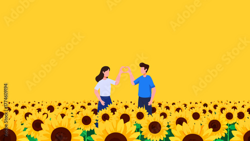 A couple is highfiving in a sunflower field under a bright yellow sky