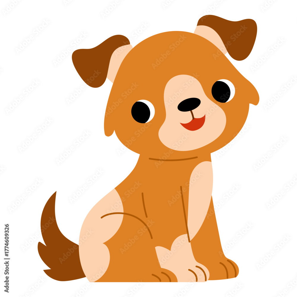 Obraz premium Brown spotted puppy. Flat vector illustration isolated on white background. Kawaii dog character for kids books or pet themed projects