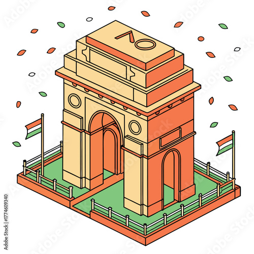 Isometric india gate illustration with flags and falling leaves in tricolor, for republic day celebration