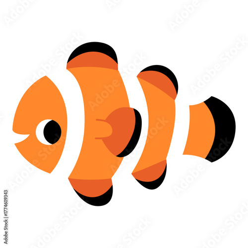 Cute clown fish with kawaii face. Flat vector character on white background for kids designs about sea and ocean and for educational materials.