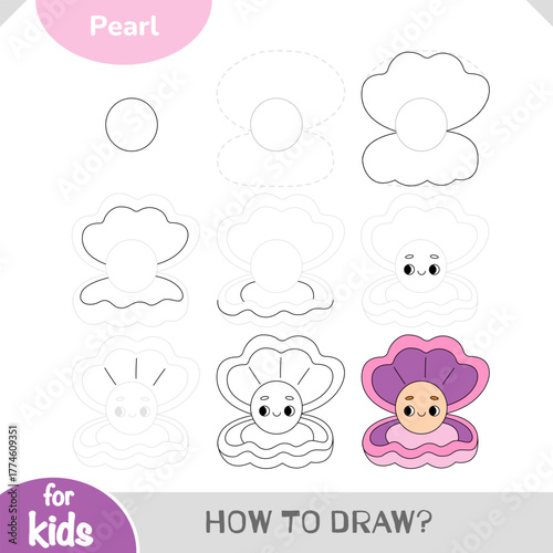 How to draw Pearl in shell for children. Step by step drawing tutorial. A simple guide to learning to draw sea animals
