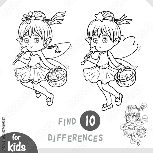 Cute character fairy girl with basket and magic wand. Spot the differences game for kindergarten and preschool children. Black and white coloring page about fairy tales
