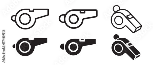 Whistle Icon Set. Sports and Safety Whistles in Outline and Solid Styles for UI and Branding.