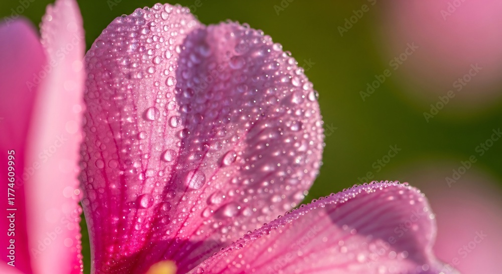 Fototapeta premium Pink Flower Petal Covered in Sparkling Water Droplets Against Green Backdrop