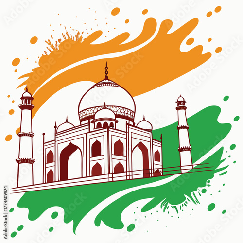 A vibrant illustration of the taj mahal, indias iconic monument, set against a backdrop of the indian flags colors, evoking a sense of national pride and cultural heritage