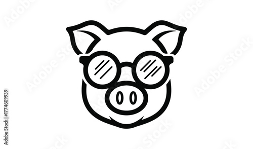 Cute cartoon pig wearing round glasses in black and white outline