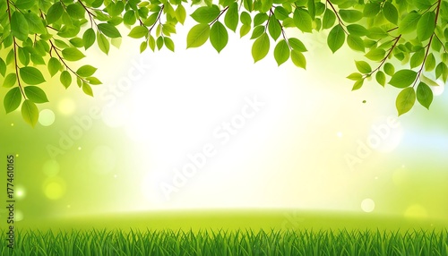 Fototapeta Naklejka Na Ścianę i Meble -  Lush green foliage frames a bright, sunlit clearing. Below is fresh, vibrant grass. Subtle light bursts add to the cheerful atmosphere