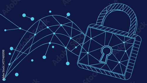 A modern, abstract depiction of cybersecurity featuring a padlock connected to a network, symbolizing data protection and digital security in the online world