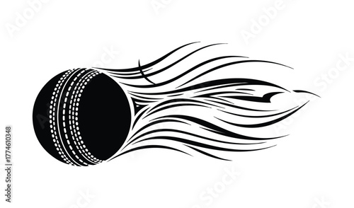 Cricket ball with fiery trails in a dynamic black and white illustration