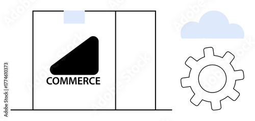Storefront labeled Commerce, large gear, and cloud icon. Ideal for ecommerce, innovation, process optimization, digital transformation, logistics technology business strategy. Simple flat metaphor
